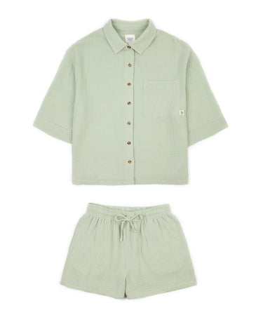 Curve Cotton Green Cropped Sleeve Button Up Short Pyjama Set